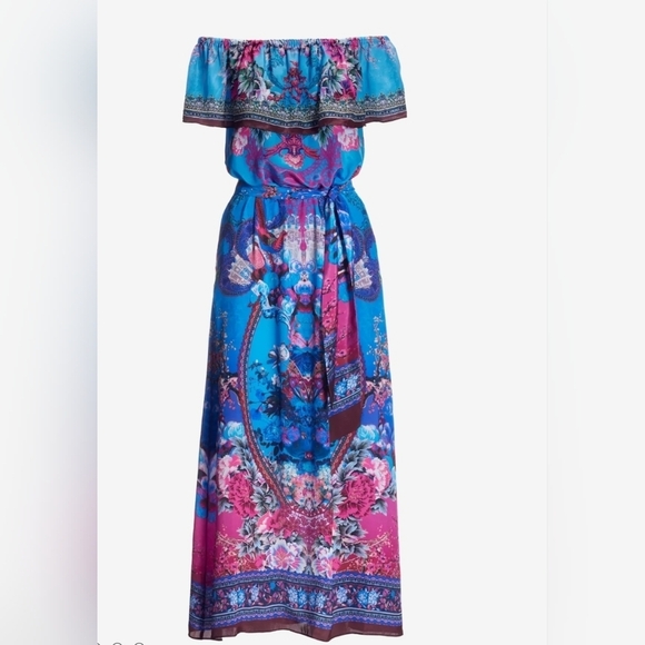 Boston Proper Rhinestone Ruffle Peacock Floral Off The Shoulder Maxi Dress - Picture 5 of 6